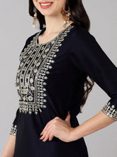 Women Navy Blue Polyester Embroidered Straight Kurta Pant Set With Dupatta-PKSKD1284